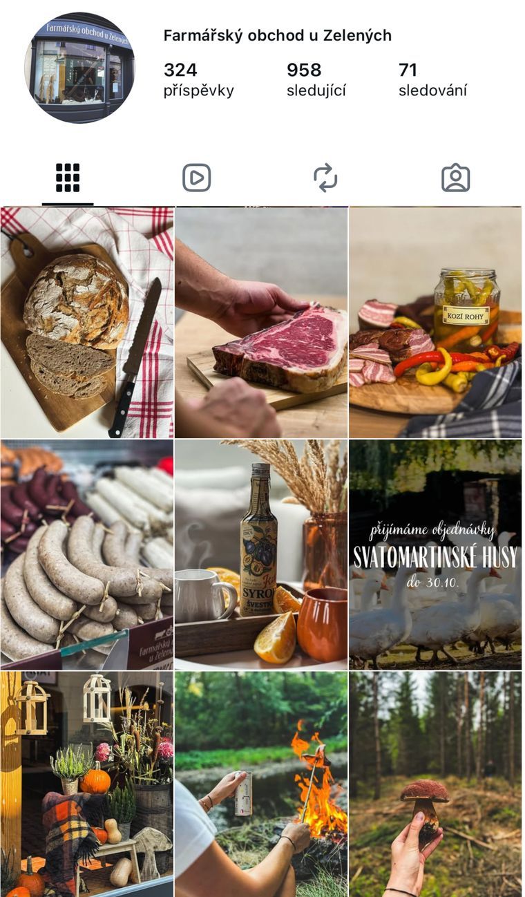 Instagramový profil Farmářský obchod u Zelených
